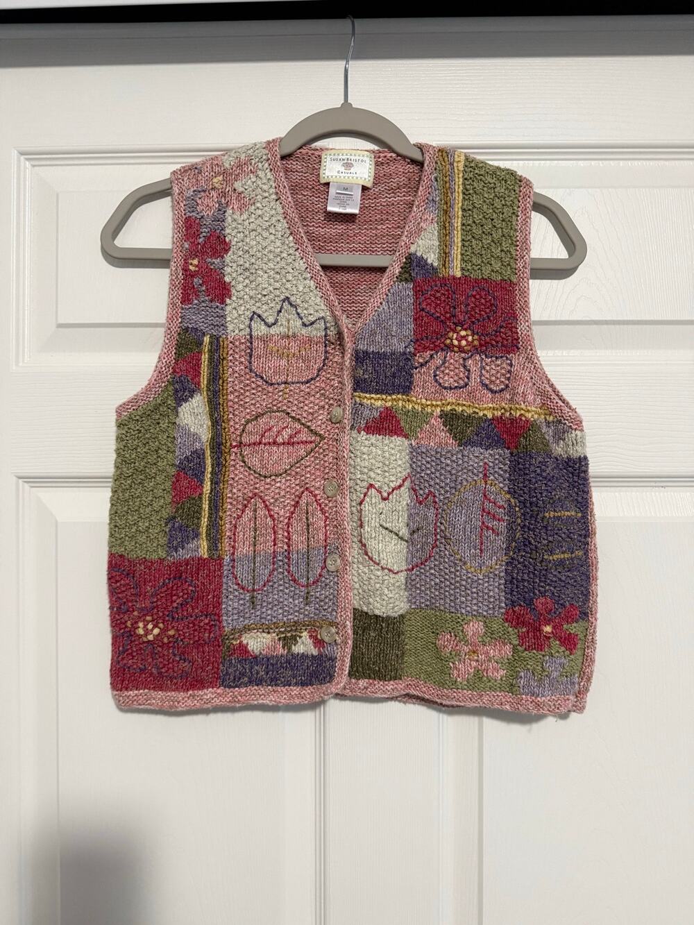 Vintage 1999 Susan Bristol Patchwork Sweater Vest M Embroidered Cottagecore 90s